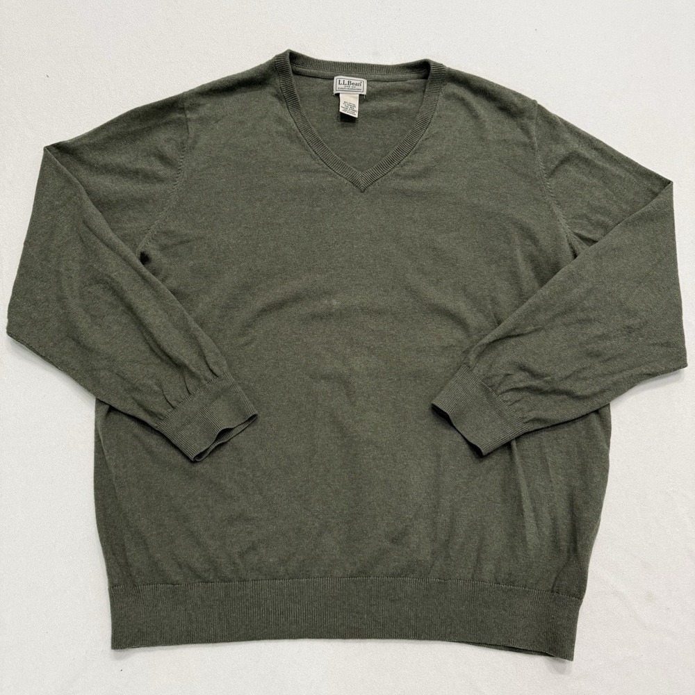 LL Bean Mens Cotton Cashmere V Neck Knit Sweater Green XXL 2XL Pullover 274603
